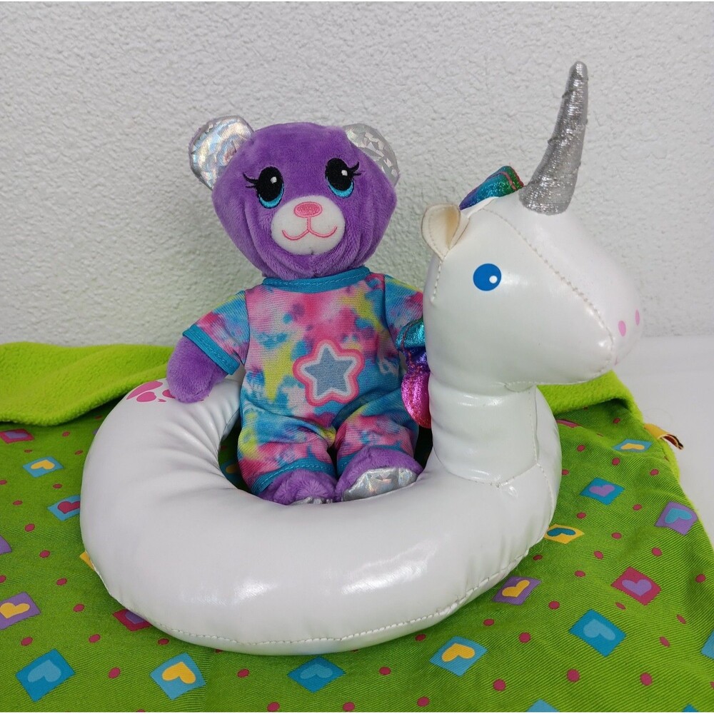 Build a Bear Mini Purple Silver Bear Stuffed Unicorn Float Green Fleece Blanket